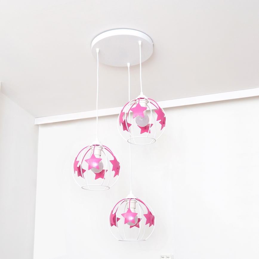 Bērnu lustra ar auklu STARS 3xE27/15W/230V rozā/balta