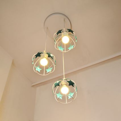 Bērnu lustra ar auklu STARS 3xE27/15W/230V tirkīza/balta