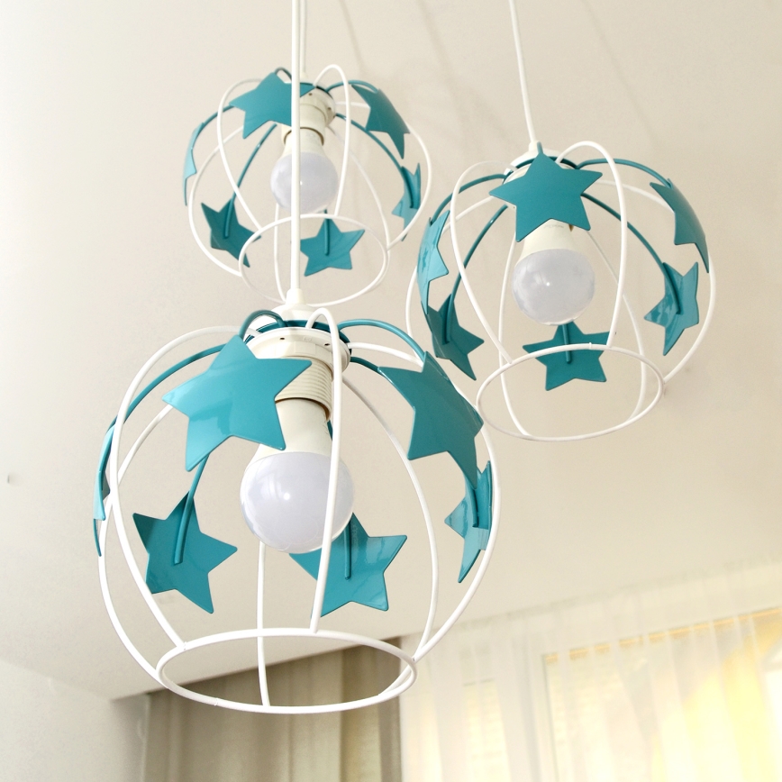 Bērnu lustra ar auklu STARS 3xE27/15W/230V tirkīza/balta