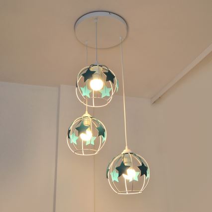 Bērnu lustra ar auklu STARS 3xE27/15W/230V tirkīza/balta