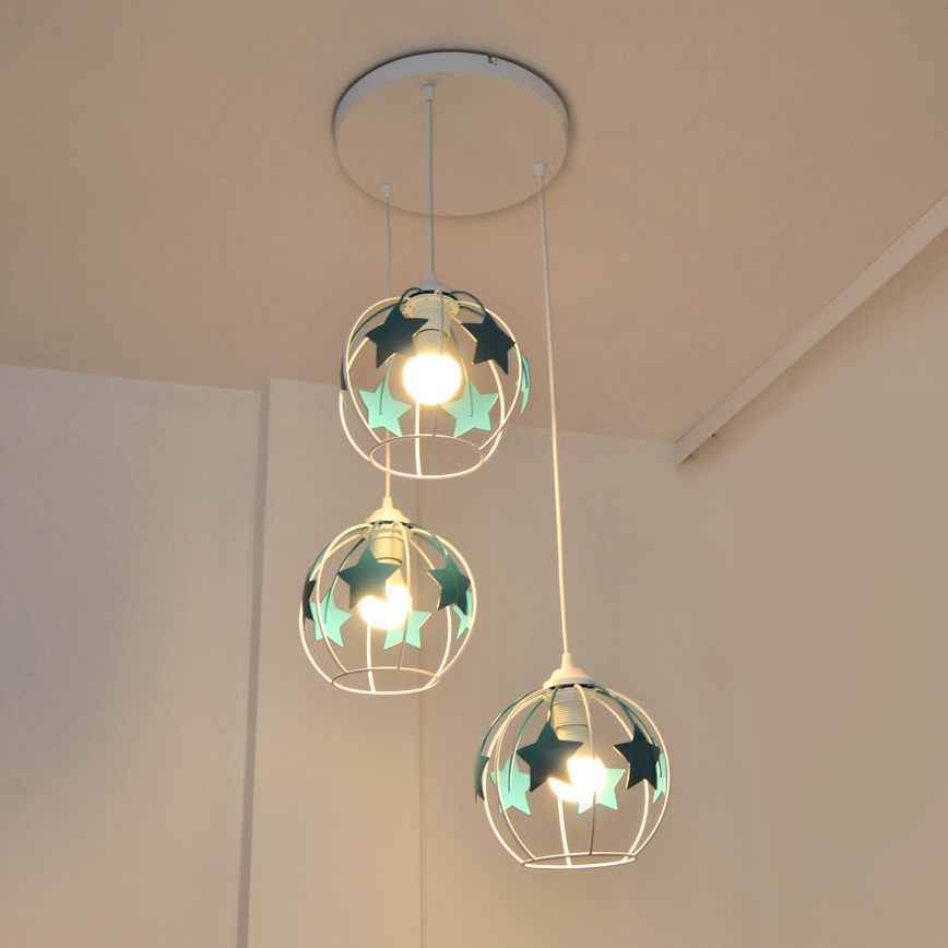 Bērnu lustra ar auklu STARS 3xE27/15W/230V tirkīza/balta
