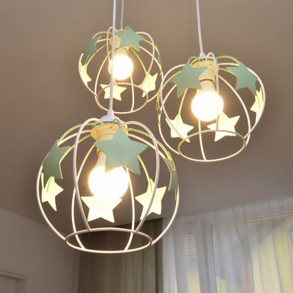 Bērnu lustra ar auklu STARS 3xE27/15W/230V zaļa/balta