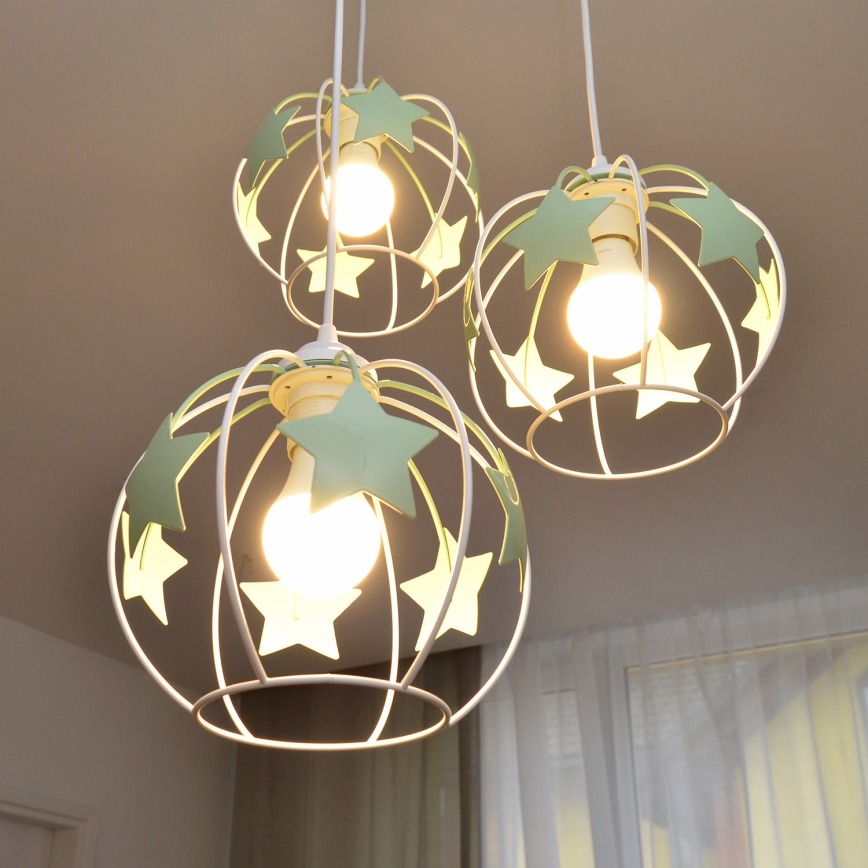 Bērnu lustra ar auklu STARS 3xE27/15W/230V zaļa/balta