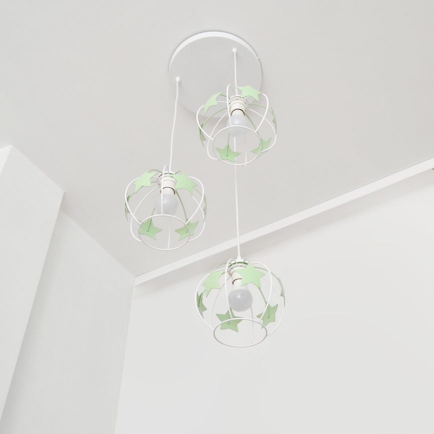 Bērnu lustra ar auklu STARS 3xE27/15W/230V zaļa/balta