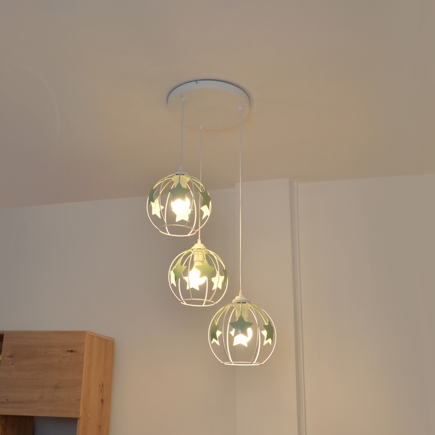 Bērnu lustra ar auklu STARS 3xE27/15W/230V zaļa/balta