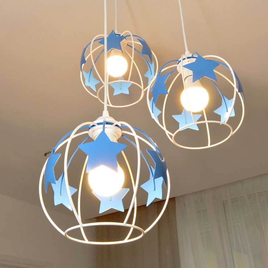 Bērnu lustra ar auklu STARS 3xE27/15W/230V zila/balta