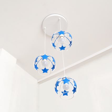 Bērnu lustra ar auklu STARS 3xE27/15W/230V zila/balta