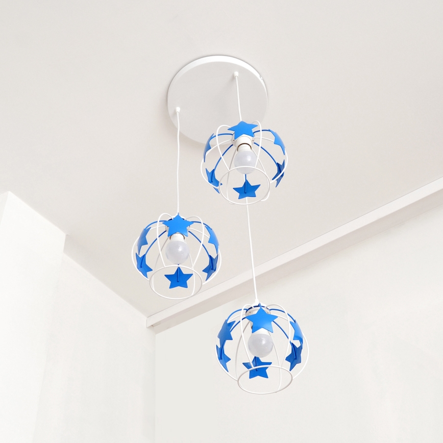 Bērnu lustra ar auklu STARS 3xE27/15W/230V zila/balta