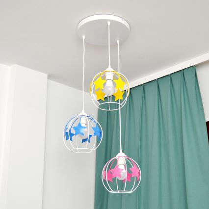 Bērnu lustra ar auklu STARS 3xE27/15W/230V zila/rozā/dzeltena