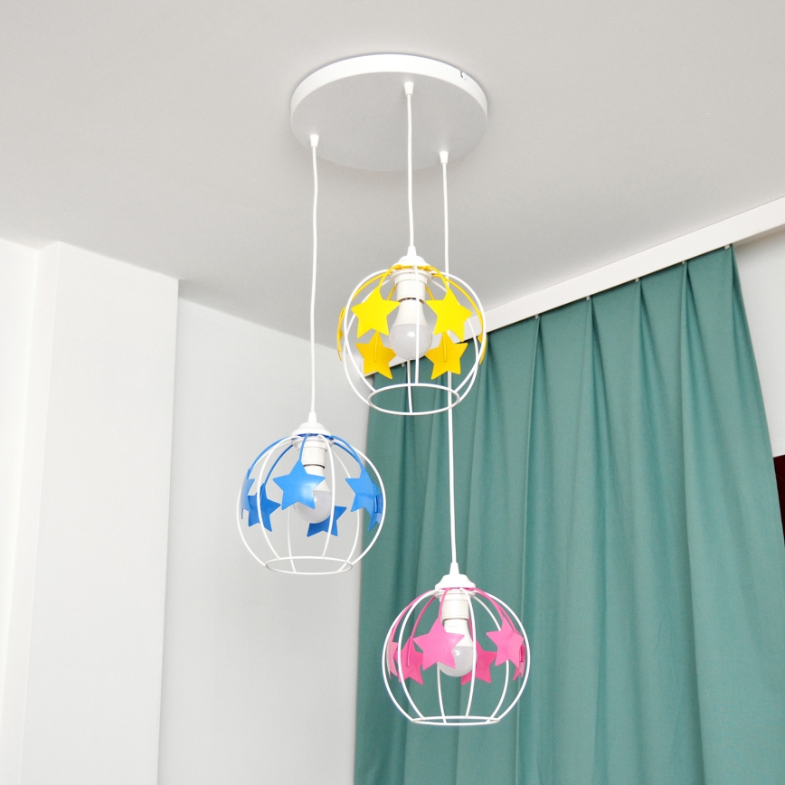 Bērnu lustra ar auklu STARS 3xE27/15W/230V zila/rozā/dzeltena