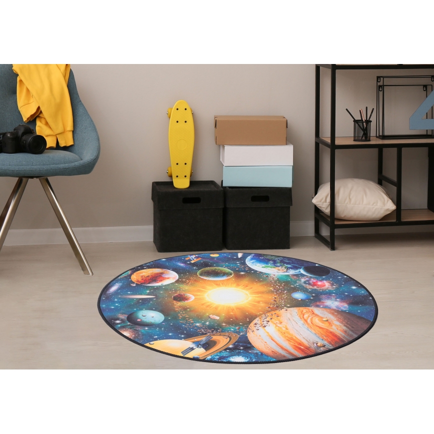 Bērnu neslīdošs paklājs PRINT 3D 80 cm planētas/daudzkrāsains