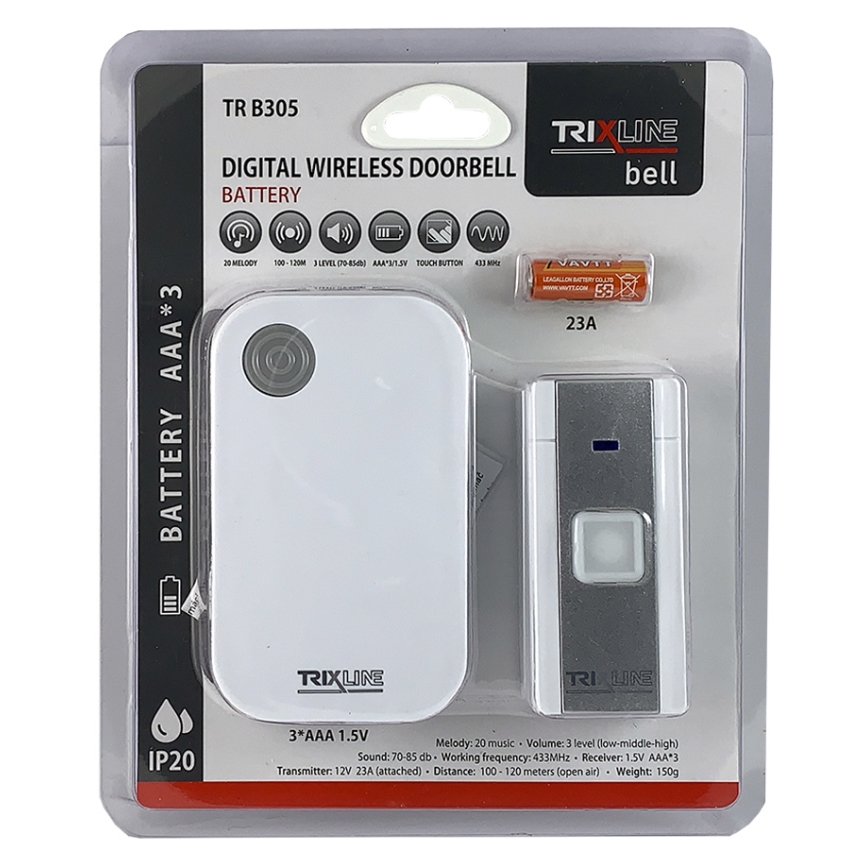 Bezvadu durvju zvans BELL 1x23A + 3xAAA balta