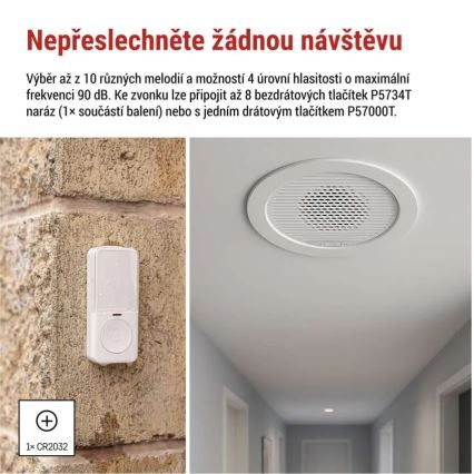 Bezvadu iebūvējamais durvju zvans 230V + 1xCR2032 balts