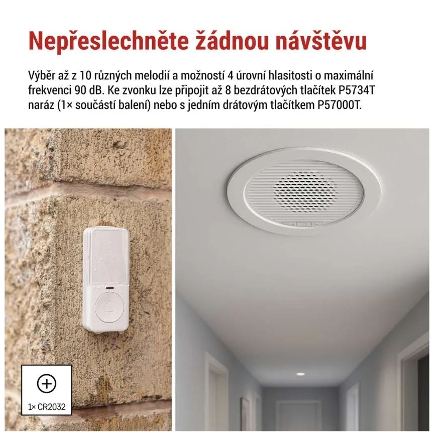 Bezvadu iebūvējamais durvju zvans 230V + 1xCR2032 balts
