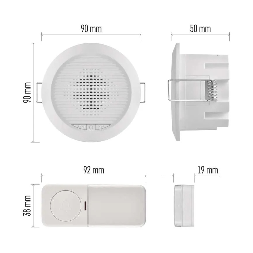 Bezvadu iebūvējamais durvju zvans 230V + 1xCR2032 balts