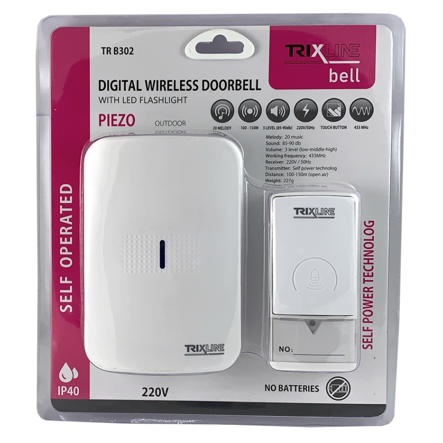 Bezvadu kontaktligzdas durvju zvans PIEZO BELL 230V IP40 balta