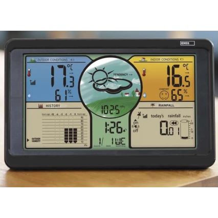 Bezvadu meteoroloģiskā stacija ar krāsainu LCD displeju un nokrišņu mērītājs 3xAAA melna