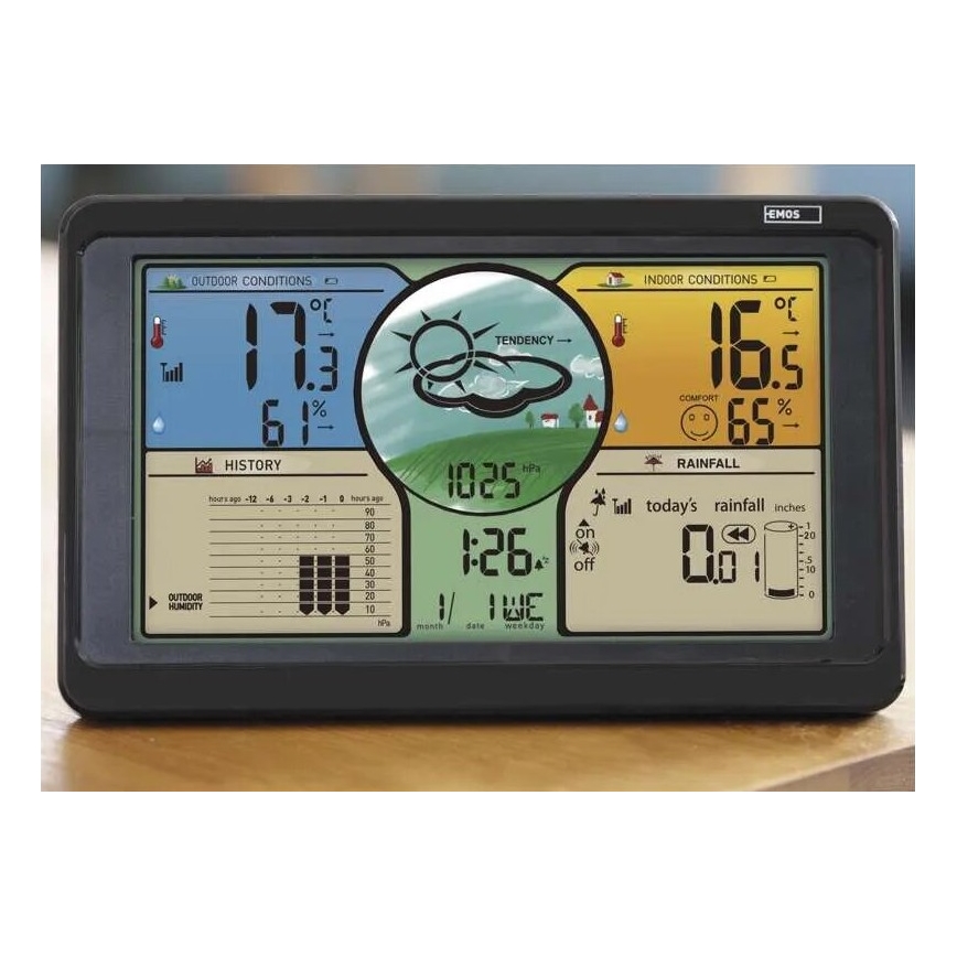Bezvadu meteoroloģiskā stacija ar krāsainu LCD displeju un nokrišņu mērītājs 3xAAA melna