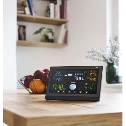 Bezvadu meteoroloģiskā stacija ar modinātāju 3xAAA/5V + 2xAAA melna