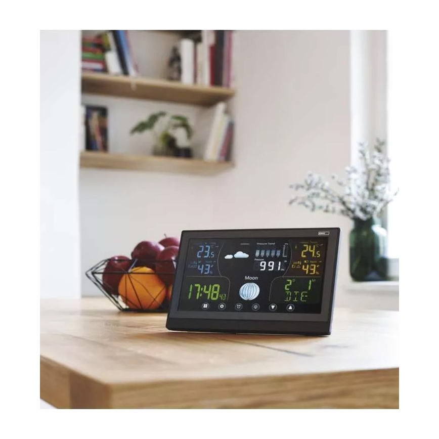 Bezvadu meteoroloģiskā stacija ar modinātāju 3xAAA/5V + 2xAAA melna