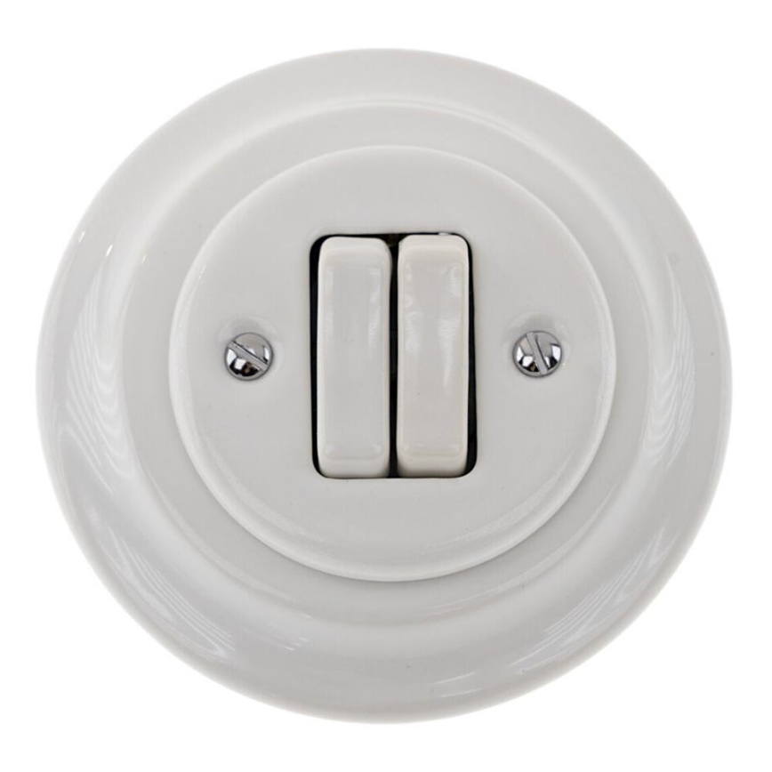 Bohemia-Design - Porcelāna retro dubultais slēdzis ar rāmi Nr. 6+6 balts