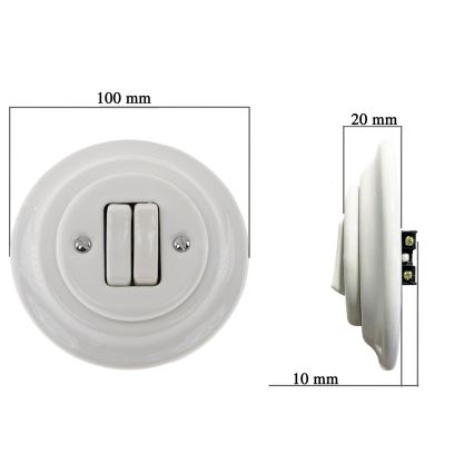 Bohemia-Design - Porcelāna retro dubultais slēdzis ar rāmi Nr. 6+6 balts