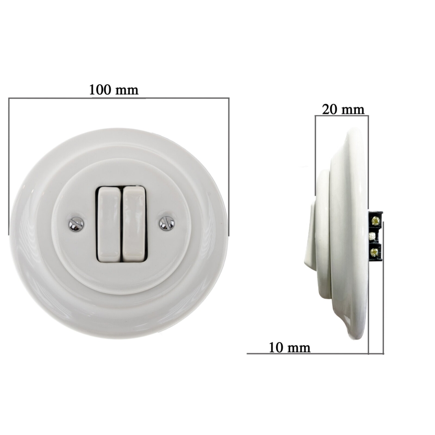 Bohemia-Design - Porcelāna retro dubultais slēdzis ar rāmi Nr. 6+6 balts