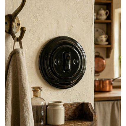 Bohemia-Design - Porcelāna retro durvju zvana poga ar rāmīti, melna