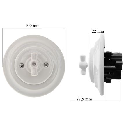 Bohemia-Design - Porcelāna retro rotējošais slēdzis ar rāmi Nr. 1 balts