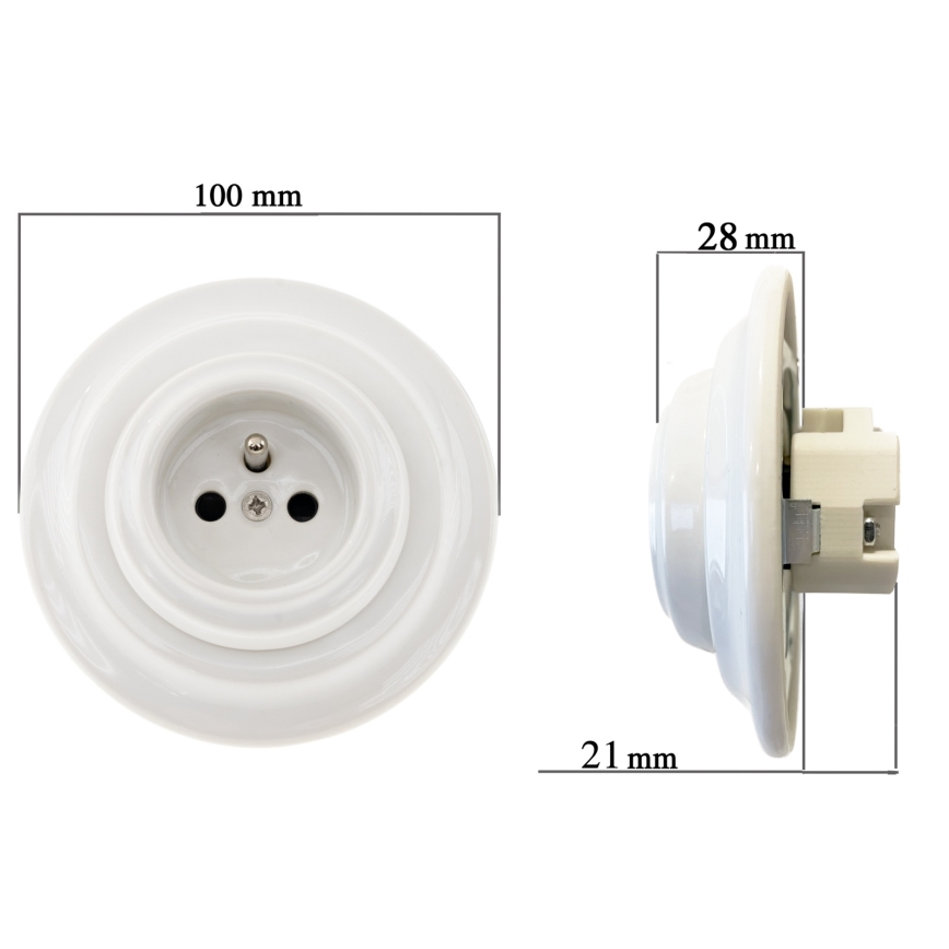 Bohemia-Design - Porcelāna retro sienas kontaktligzda ar rāmi SCHUKO 250V/16A balta