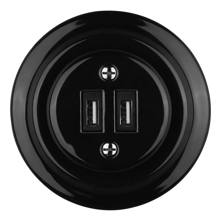 Bohemia-Design - Porcelāna retro USB barošanas kontaktligzda ar rāmi, 2x USB-A, melna