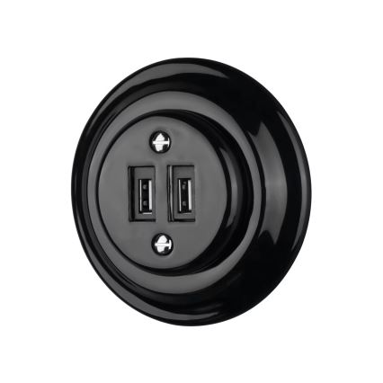 Bohemia-Design - Porcelāna retro USB barošanas kontaktligzda ar rāmi, 2x USB-A, melna