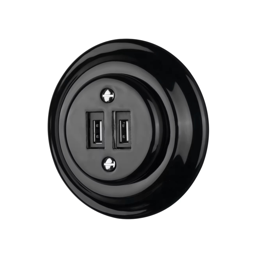 Bohemia-Design - Porcelāna retro USB barošanas kontaktligzda ar rāmi, 2x USB-A, melna
