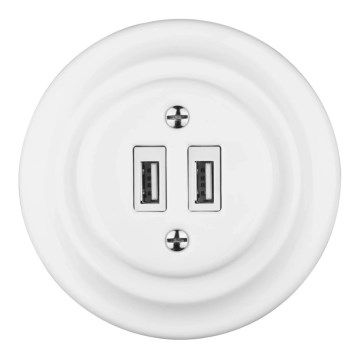 Bohemia-Design - Porcelāna retro USB strāvas rozete ar rāmi 2x USB-A balta