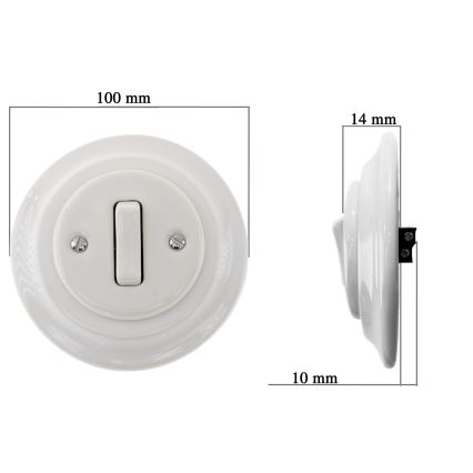 Bohemia-Design - Porcelāna retro vienkāršais gaismas slēdzis ar rāmi Nr. 6 balts