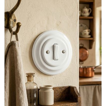 Bohemia-Design - Porcelāna retro vienkāršs slēdzis ar rāmi, ar zvana funkciju, balts