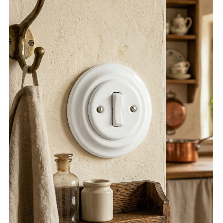 Bohemia-Design - Porcelāna retro vienkāršs slēdzis ar rāmi, ar zvana funkciju, balts