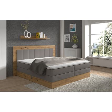 Boxspring gulta JASMINE 180x200 cm, pelēka — ar matračiem, virsmatraci (topper) un uzglabāšanas nodalījumu