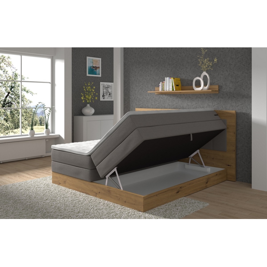 Boxspring gulta JASMINE 180x200 cm, pelēka — ar matračiem, virsmatraci (topper) un uzglabāšanas nodalījumu