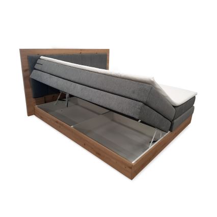 Boxspring gulta JASMINE 180x200 cm, pelēka — ar matračiem, virsmatraci (topper) un uzglabāšanas nodalījumu
