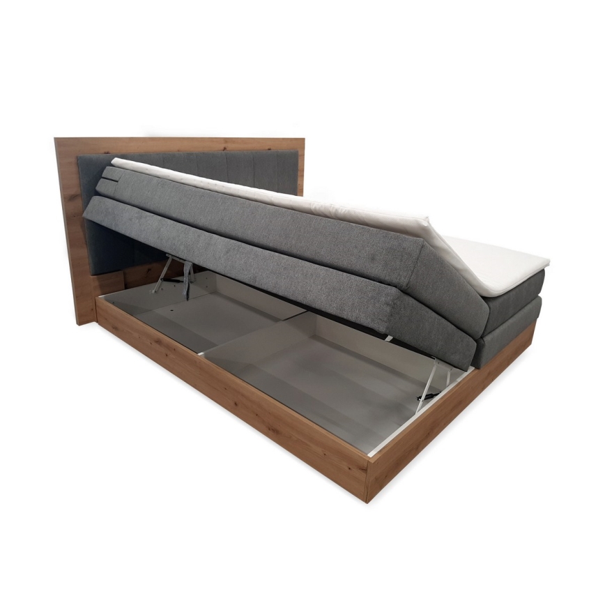Boxspring gulta JASMINE 180x200 cm, pelēka — ar matračiem, virsmatraci (topper) un uzglabāšanas nodalījumu