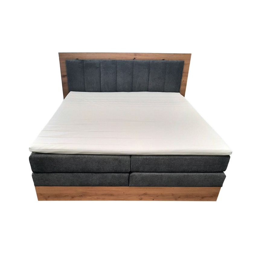 Boxspring gulta JASMINE 180x200 cm, pelēka — ar matračiem, virsmatraci (topper) un uzglabāšanas nodalījumu