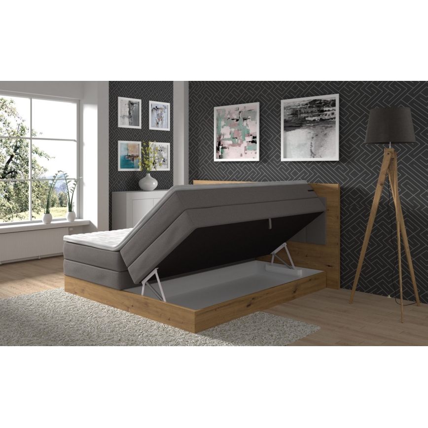 Boxspring gulta JASMINE 180x200 cm, pelēka — ar matračiem, virsmatraci (topper) un uzglabāšanas nodalījumu