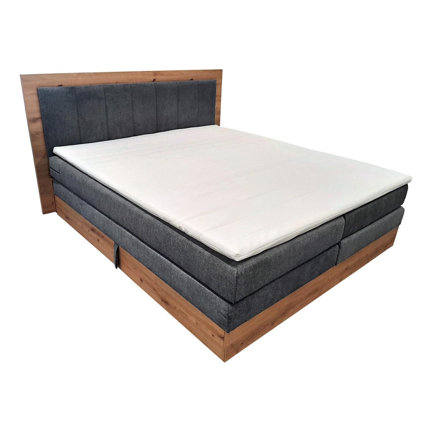 Boxspring gulta JASMINE 180x200 cm, pelēka — ar matračiem, virsmatraci (topper) un uzglabāšanas nodalījumu