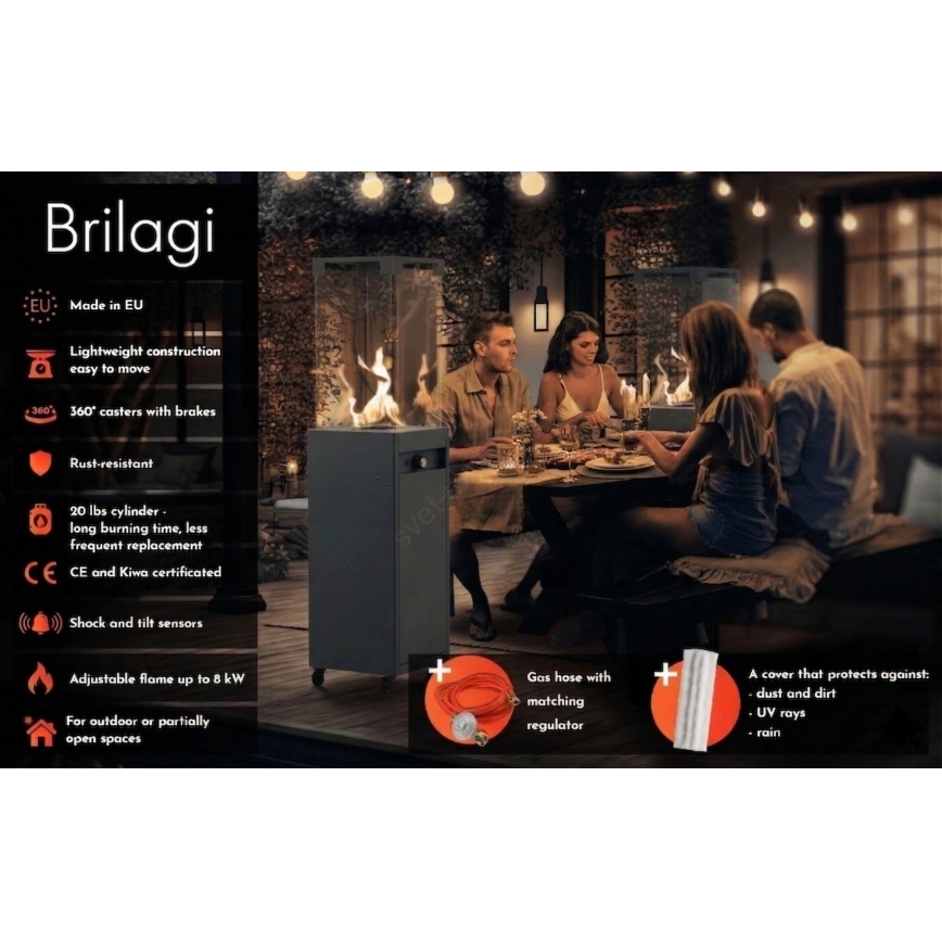 Brilagi - Āra gāzes kamīns FLARO GAS 142x36 cm 8kW 1xAAA melns + aizsargpārsegs