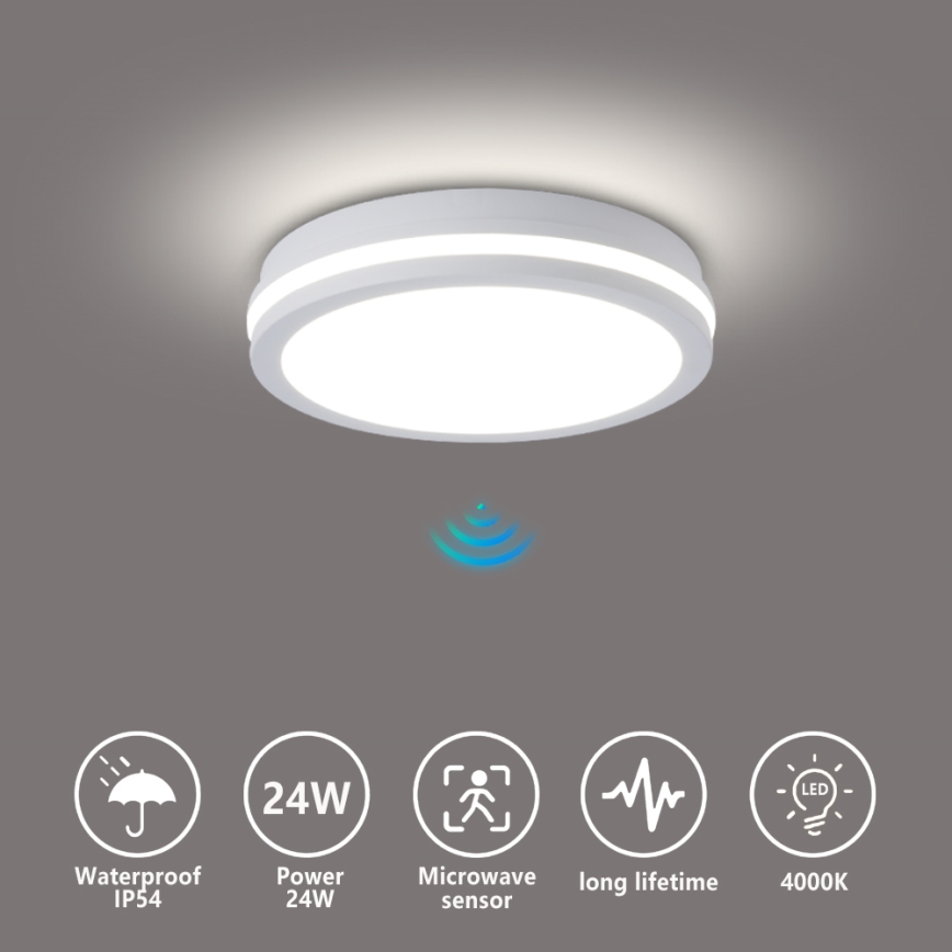 Brilagi - LED āra griestu gaismeklis ar sensoru BENE LED/24 W/230 V Ø 26 cm balts IP54