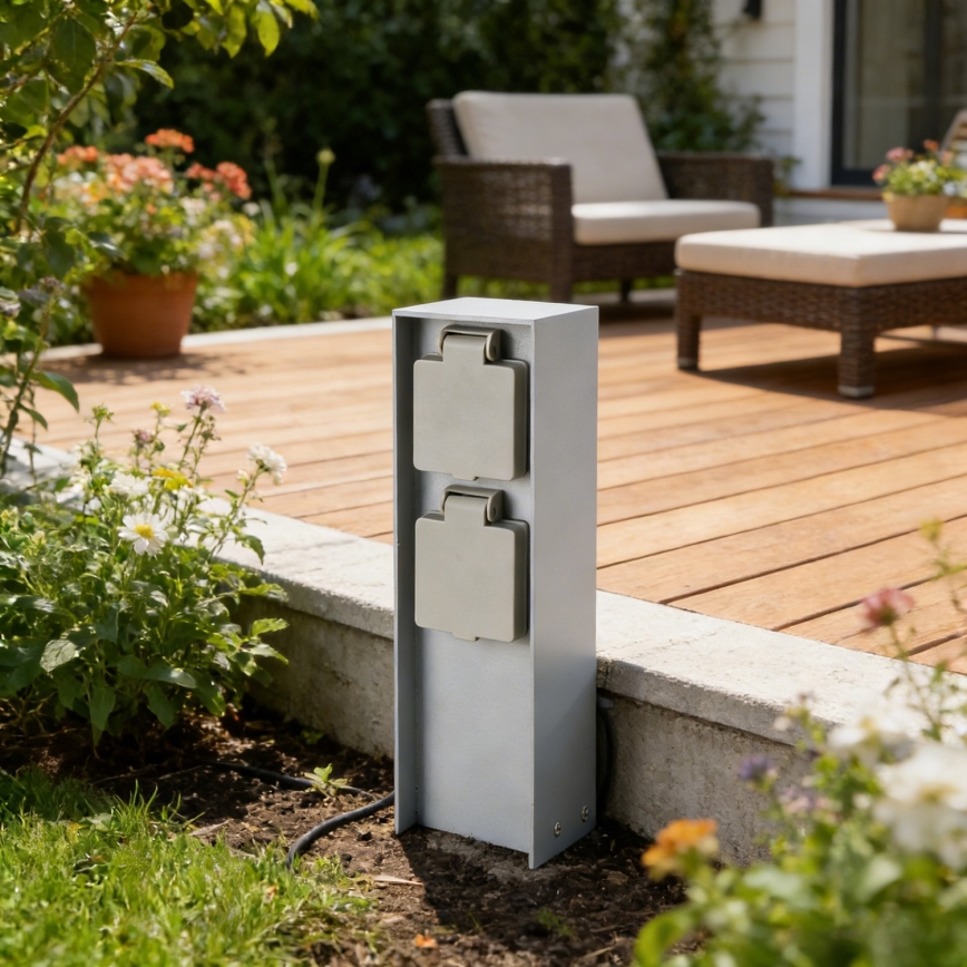 Brilagi - āra rozetes stabs PILLAR, 2x SCHUKO, 230 V, IP44, sudraba