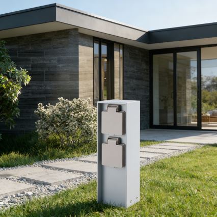 Brilagi - āra rozetes stabs PILLAR, 2x SCHUKO, 230 V, IP44, sudraba