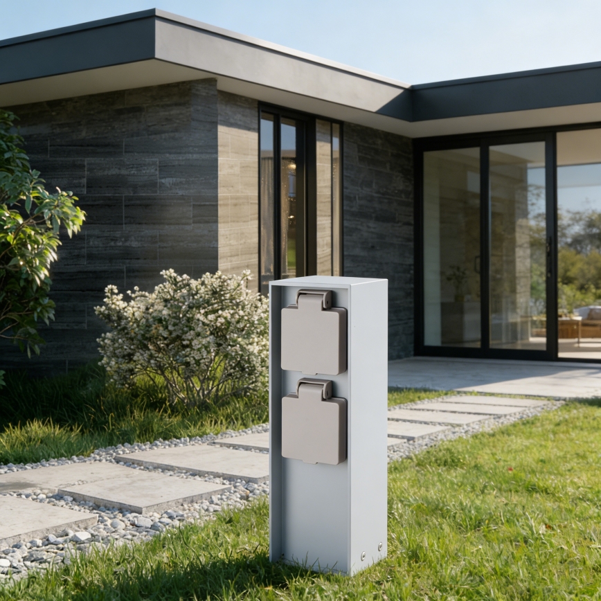 Brilagi - āra rozetes stabs PILLAR, 2x SCHUKO, 230 V, IP44, sudraba