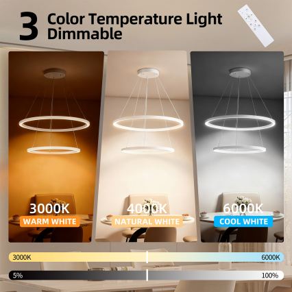 Brilagi - regulējama LED lustra uz troses PORTOFINO LED/98W/230V 3000-6000K Ø 80 cm balta + tālvadības pults